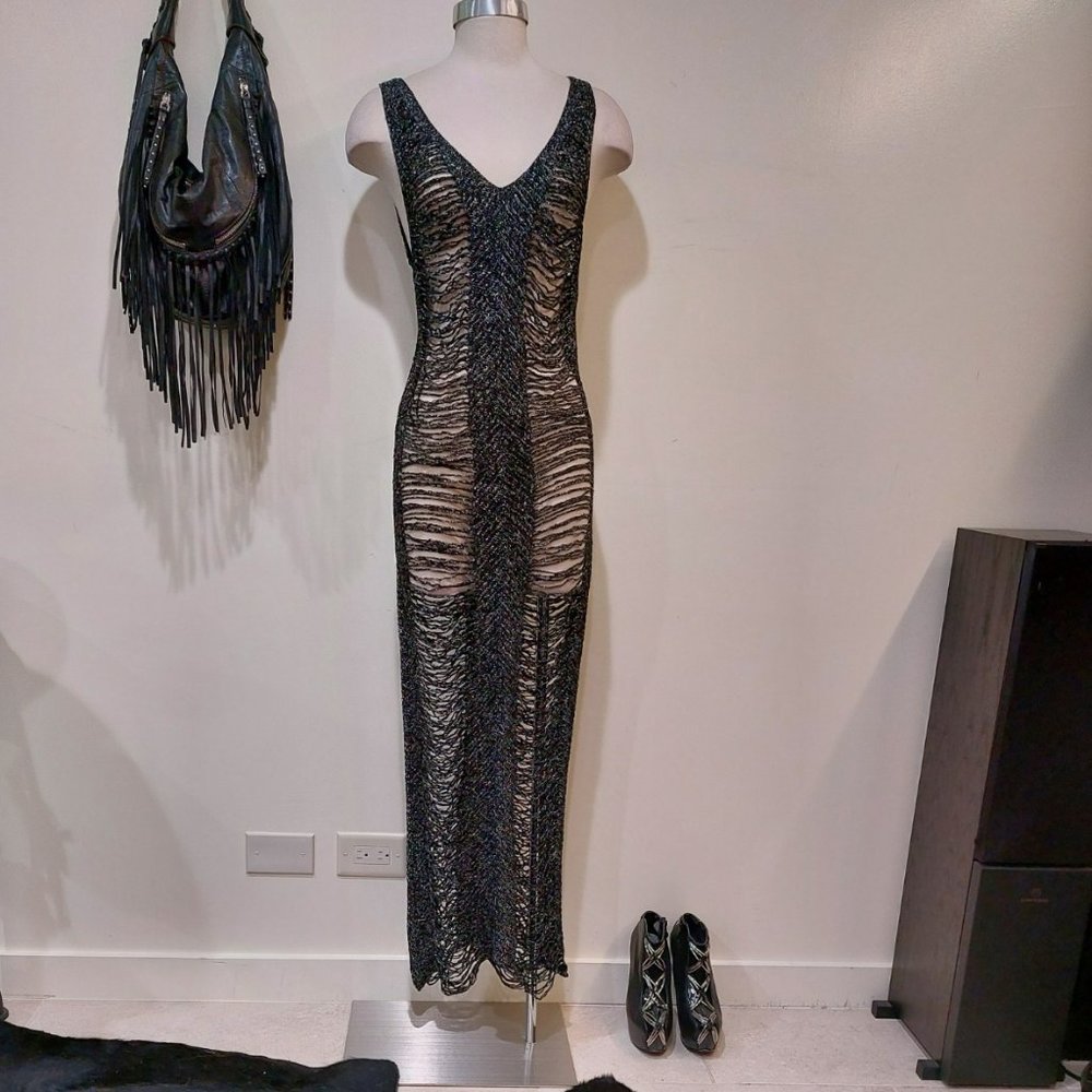 Vintage Distressed Crochet Maxi Dress in Metallic Black Thread